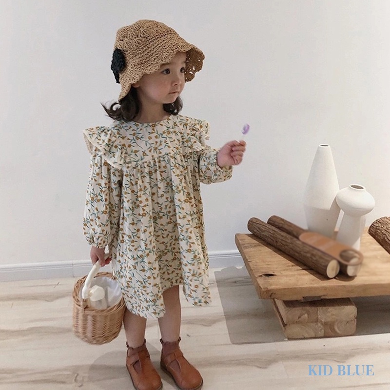 Đầm Bé Gái In Hoa Phối Bèo Màu Vàng
