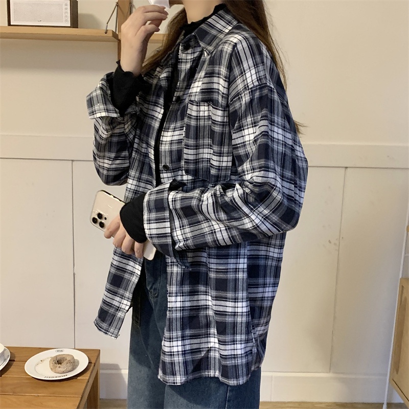 Áo Sơ Mi Nữ Dài Tay Sọc Caro Trắng Đen Thời Trang Hàn Quốc