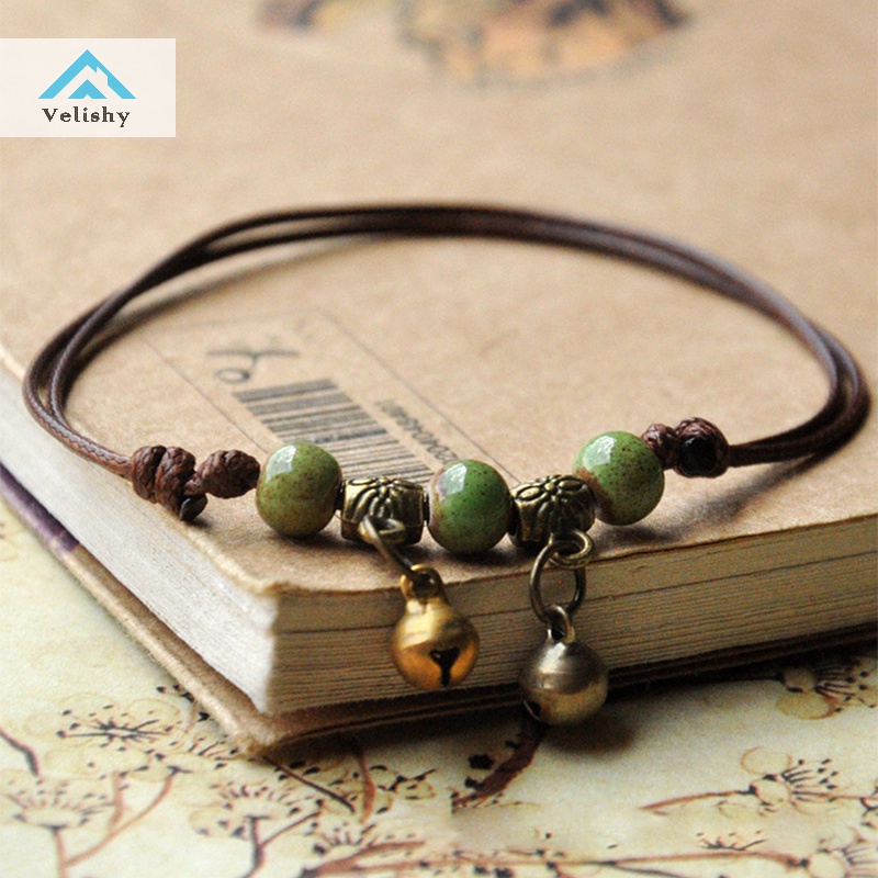 Lắc Chân Bện Dây Xỏ Hạt Gốm Màu Xanh Dương / Nâu Phong Cách Dân Tộc Thời Trang Cho Nữ