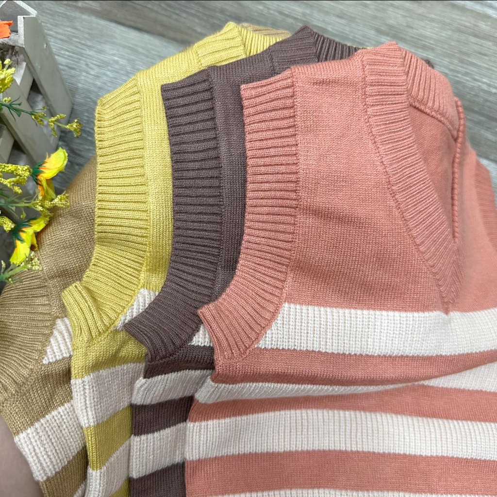 Áo gile len quảng châu cổ tim kẻ cho bé trai bé gái mặc thu đông