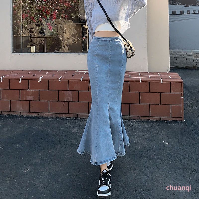 Chân váy jean Đuôi Cá Lưng Cao Co Giãn Xẻ Tà Thời Trang Xuân Thu Quyến Rũ Cho Nữ