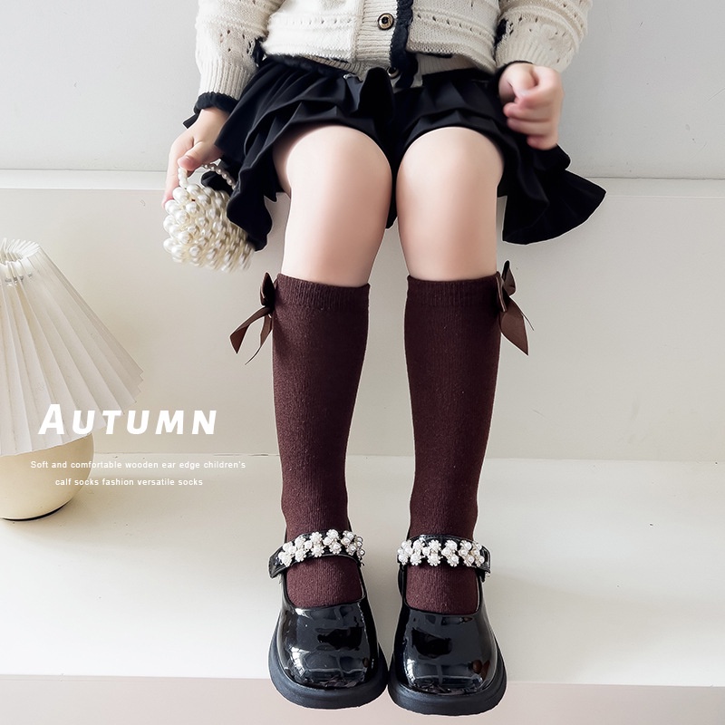 Vớ cotton Cổ Vừa Màu Trơn Đính Nơ Phong Cách Công Chúa Hàn Quốc Thời Trang Mùa Thu Cho Bé Gái