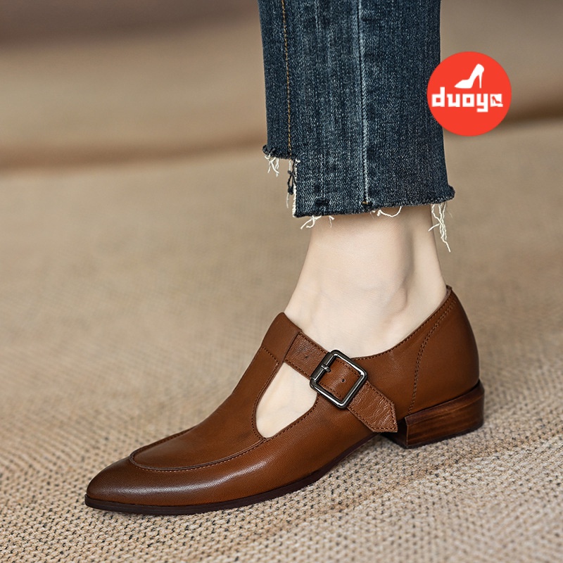 giày đơn nữ gót thấp mũi nhọn gót dày màu nâu t-strap mary jane giày miễn phí vận chuyển