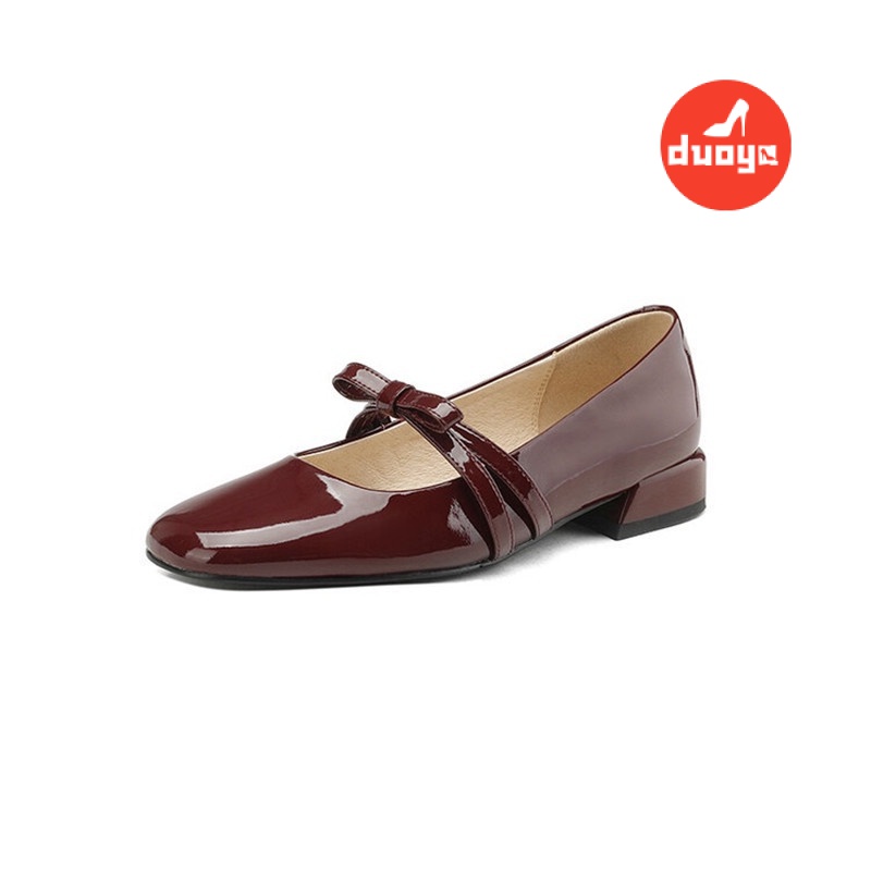 Duooya hair Thẳng ~  Giày mary jane Gót Dày Thấp Bằng Da Bóng Đính Nơ Mùa Xuân Thu Cho Nữ Miễn Phí Vận Chuyển