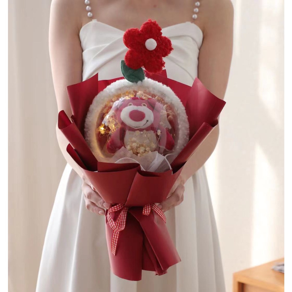 Bó Hoa Khô Hình Gấu / Dâu Tây bobo Có Đèn Trang Trí Giáng Sinh Gấu Bông Quà Tặng Sinh Nhật Cho Bé Gái gấu dâu lotso