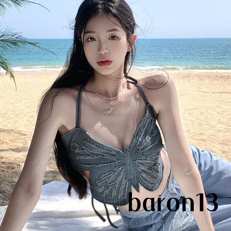 Áo Tank Top Hai Dây Hở Lưng In Họa Tiết Bướm 3D Màu Xanh Dương Thời Trang Mùa Hè Cho Nữ-Xo8k