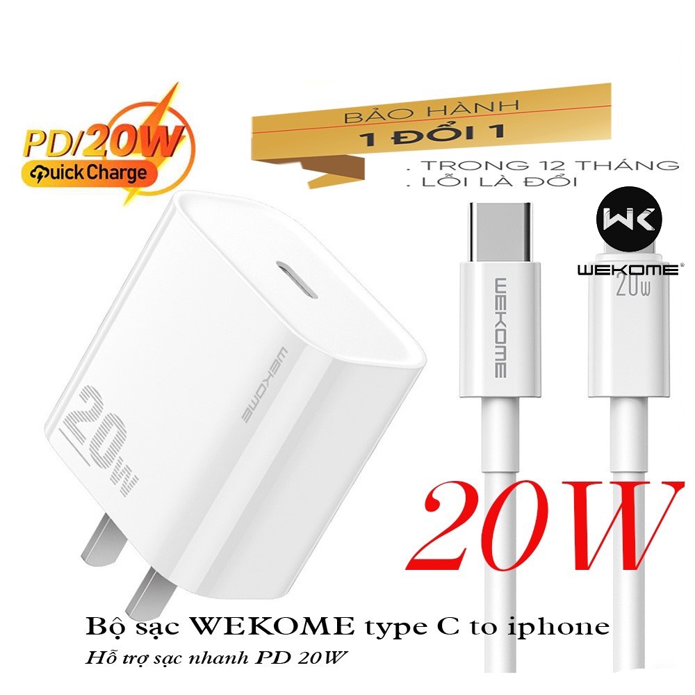 Bộ Sạc Nhanh PD 20W 1 cổng/2 cổng WEKOME, Cáp Sạc Nhanh Chính Hãng cho Điện Thoại 13 14 Pro Max