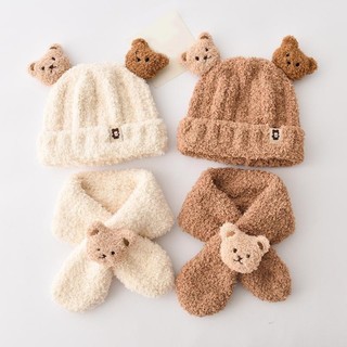 Set mũ trùm đầu giữ ấm + khăn choàng cổ + khăn choàng cổ phủ lông cho bé