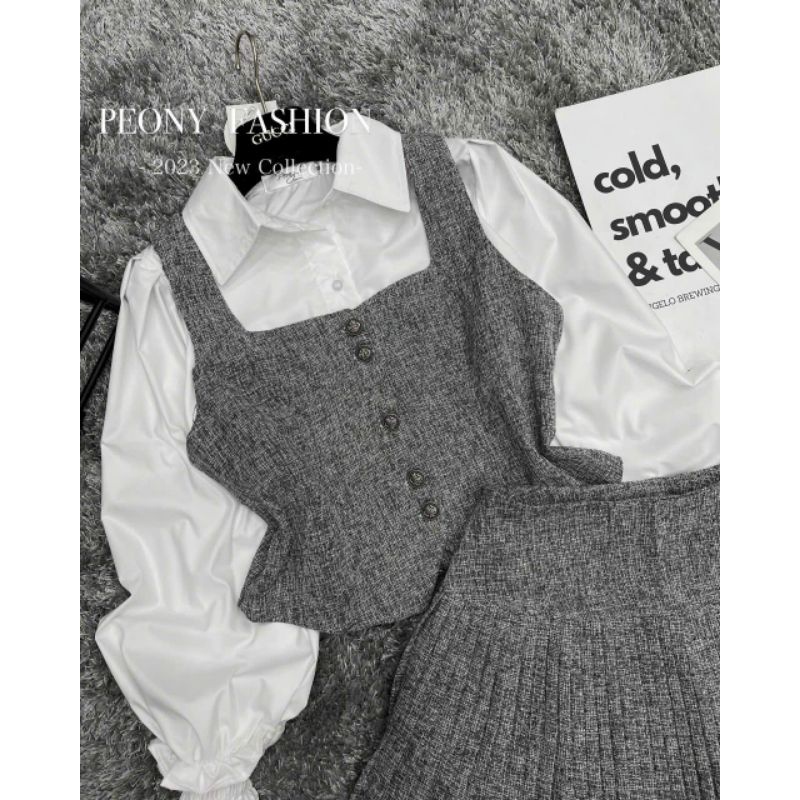 Set áo sơmi trắng tay loe mix gile kèm chân váy dạ phẩy trẻ trung nữ tính