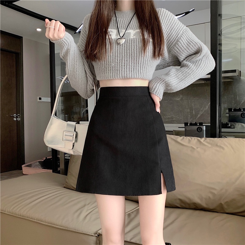 Xj-quần Váy Chữ A Lưng Cao Xẻ Tà Ôm Dáng Mùa Thu Đông Phong Cách Hàn Quốc Cho Nữ