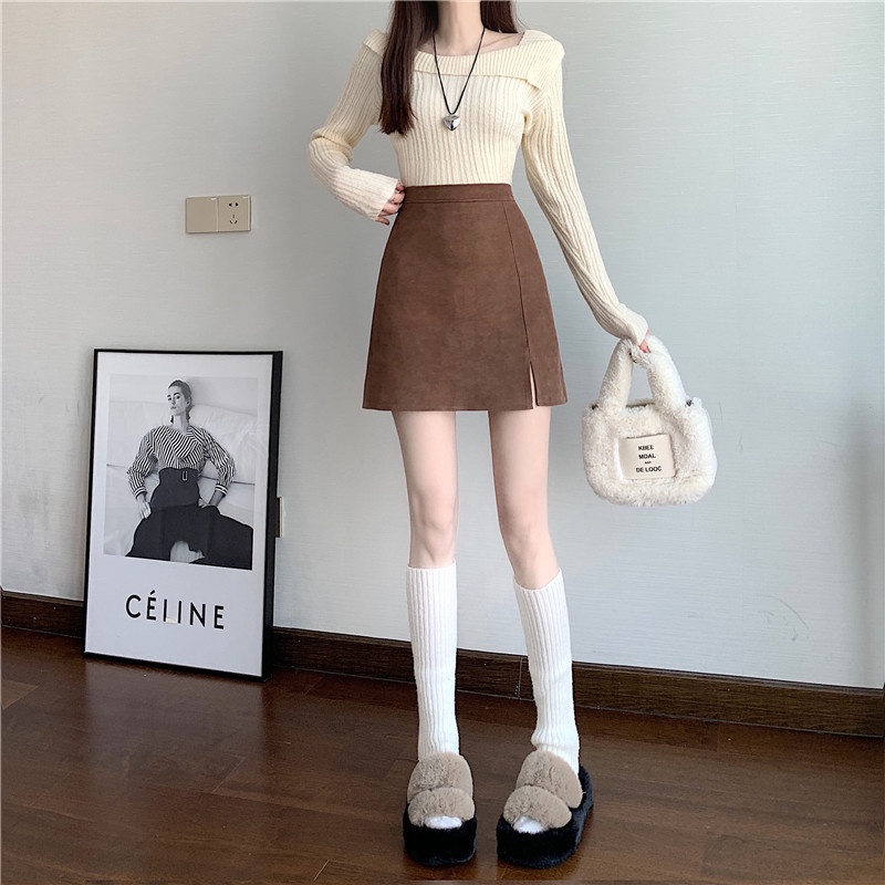 Xj-quần Váy Chữ A Lưng Cao Xẻ Tà Ôm Dáng Mùa Thu Đông Phong Cách Hàn Quốc Cho Nữ