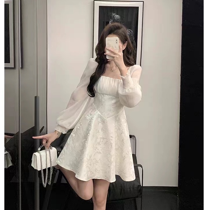 Đầm Cổ Vuông Tay Dài Phong Cách Pháp Thời Trang Xuân Thu 2023 Mới Cho Nữ