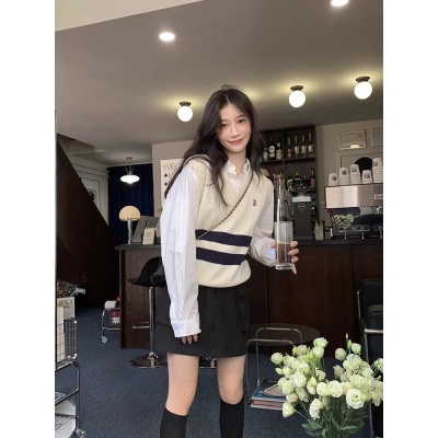 Banfamy Áo Len Không Tay Cổ Chữ v Màu Sắc Tương Phản Thời Trang Cho Nữ