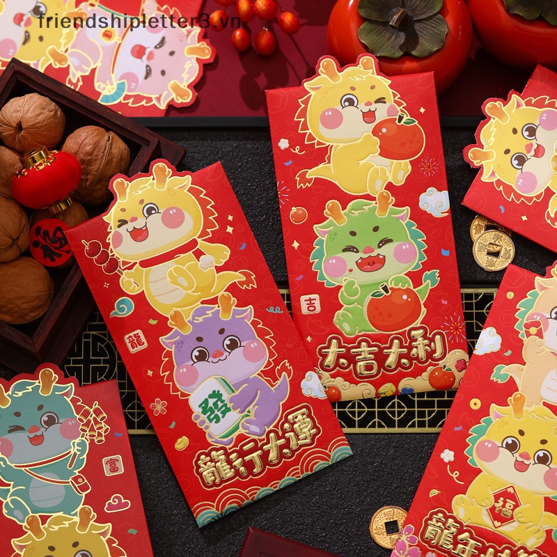Set 6 Bao Lì Xì Mừng Năm Mới 2024 Hình Rồng Đỏ May Mắn