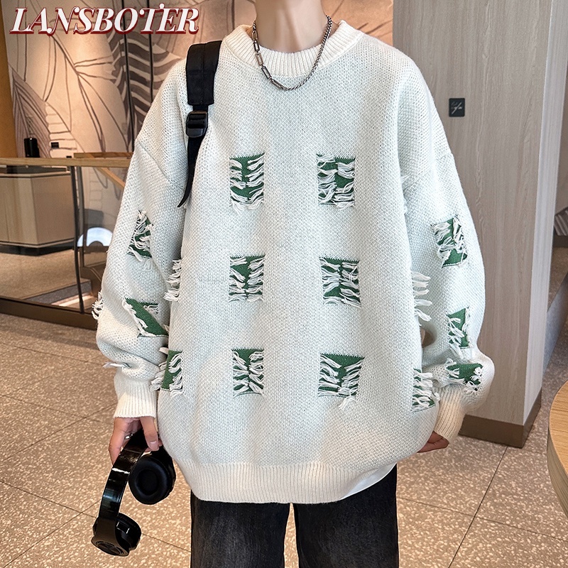 Lansboter Áo sweater Dệt Kim Cổ Tròn Màu Trơn Phối Rách Kiểu hip-hop Nhật Bản Thời Trang Thu Đông Cho Nam