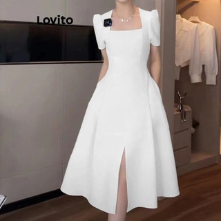 Đầm Lovito cổ vuông xẻ tà màu trơn thường ngày cho nữ LNE17122 (màu trắng)