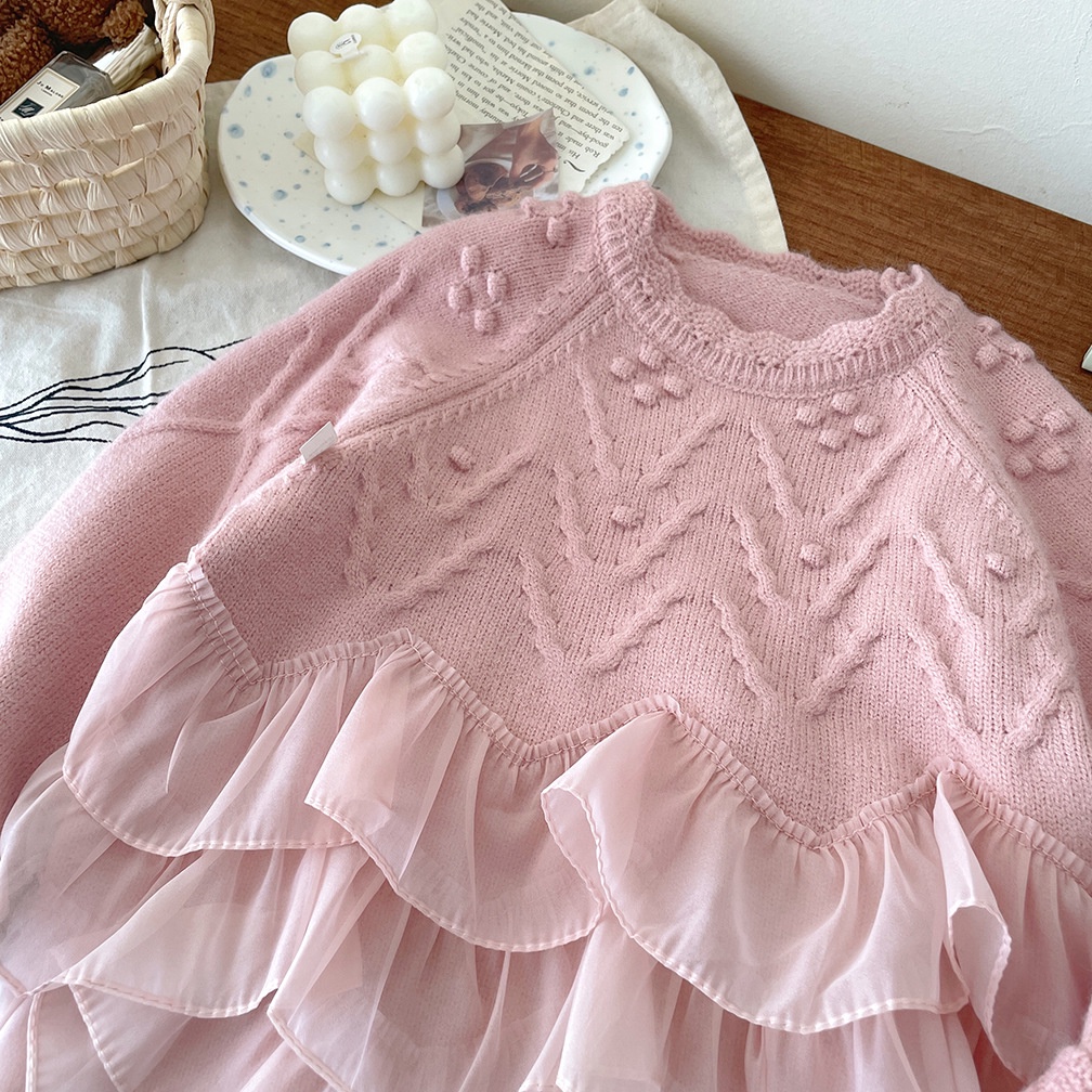 Áo sweater Dệt Kim Dày Dặn Phối Ren Kiểu Công Chúa Dễ Thương Thời Trang Thu Đông Cho Bé Gái