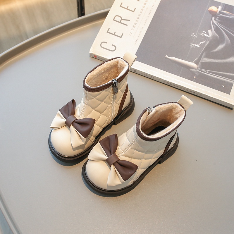 Rumphius Giày Bốt martin Bằng Da Đế Mềm Chống Trượt Đính Nơ Có Khóa Kéo Cho Bé Gái Cỡ 21-30