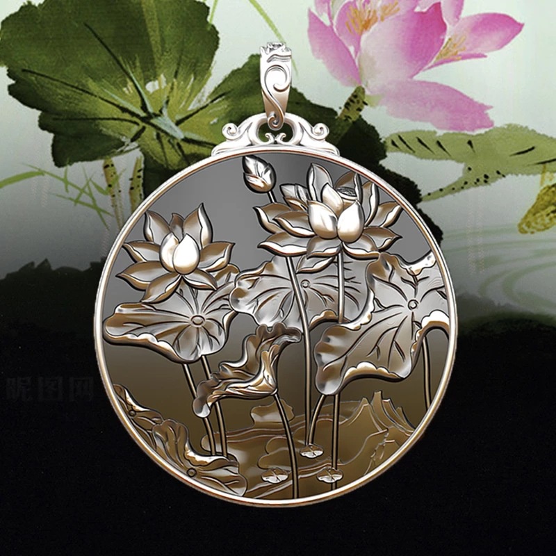 Mặt Dây Chuyền Bạc Hình Hoa Sen / Cá Chép Tròn Màu Trơn An Toàn Cho Nữ