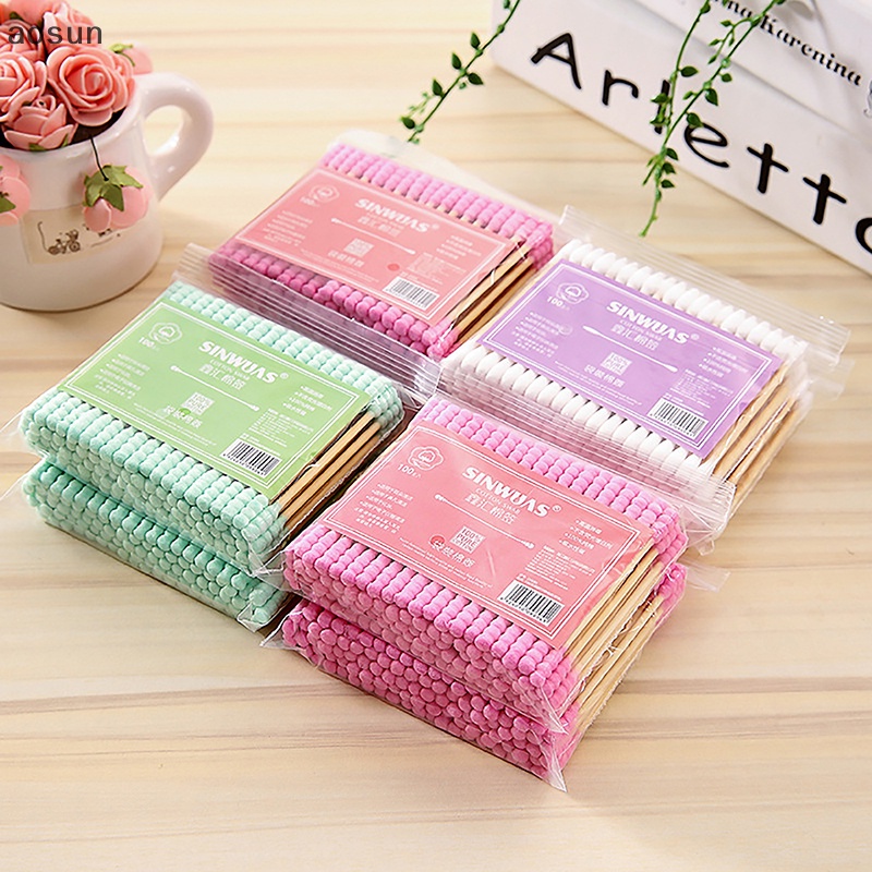 Aosun Set 100 Tăm Bông cotton Hai Đầu Dùng Để Trang Điểm / Tẩy Trang / Làm Sạch Tai / Mũi / Tai / Mũi Chăm Sóc Sức Khỏe