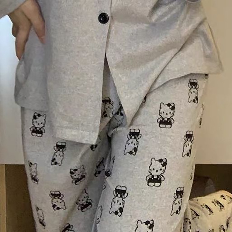 Dễ Thương Quần Dài Lưng Cao Ống Rộng In Họa Tiết hello kitty Thời Trang Xuân Thu Xinh Xắn Cho Nữ