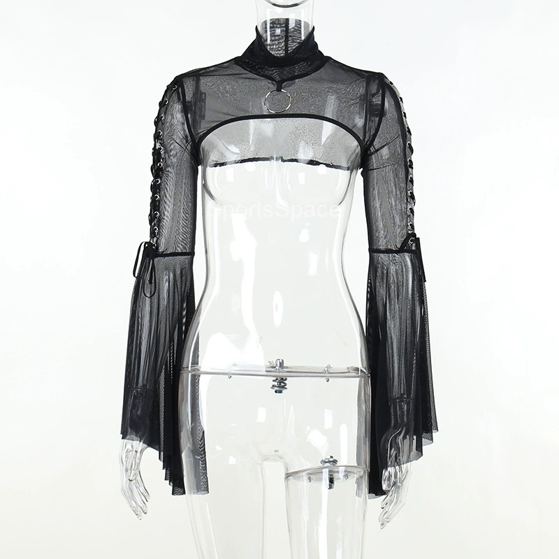 - Áo Lưới Cổ Lọ Tay Chuông Xuyên Thấu Phong Cách Tối Màu Phối Ruy Băng Cho Nữ