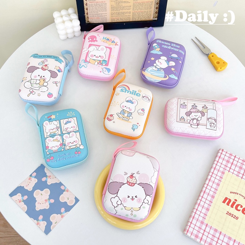 Pu Túi Da Đựng Tiền Xu / Tai Nghe / Dây Cáp Sạc usb Có Khóa Kéo In Họa Tiết Hoạt Hình Dễ Thương