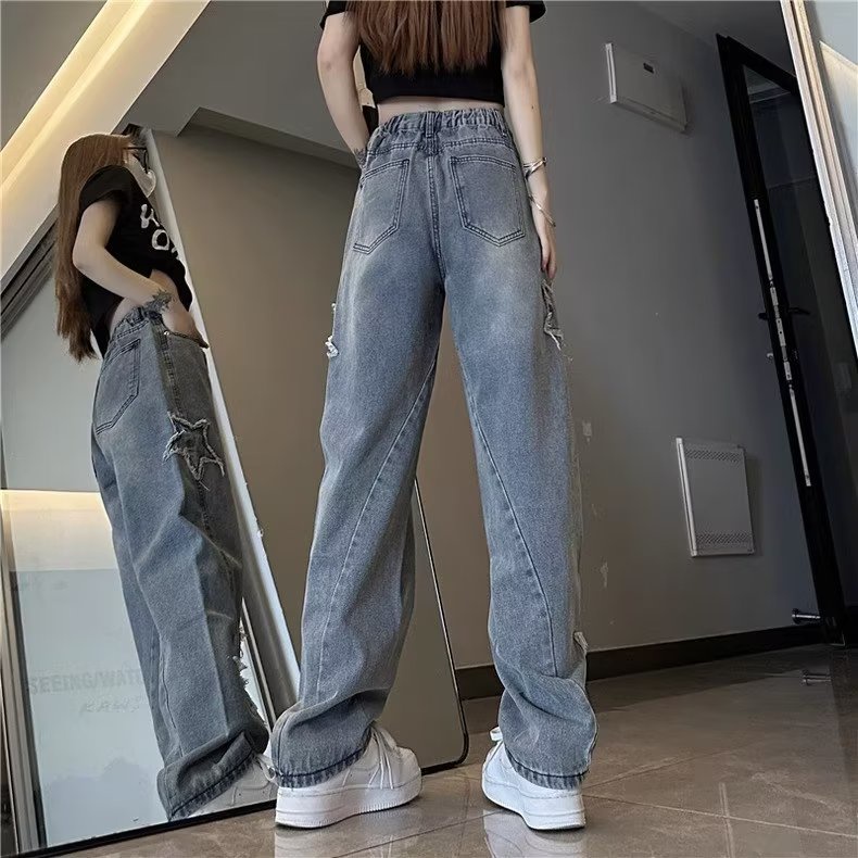 Daduhey Quần Jean Dài Ống Rộng Dáng Suông Thêu Ngôi Sao Màu Xanh Dương Cho Nữ