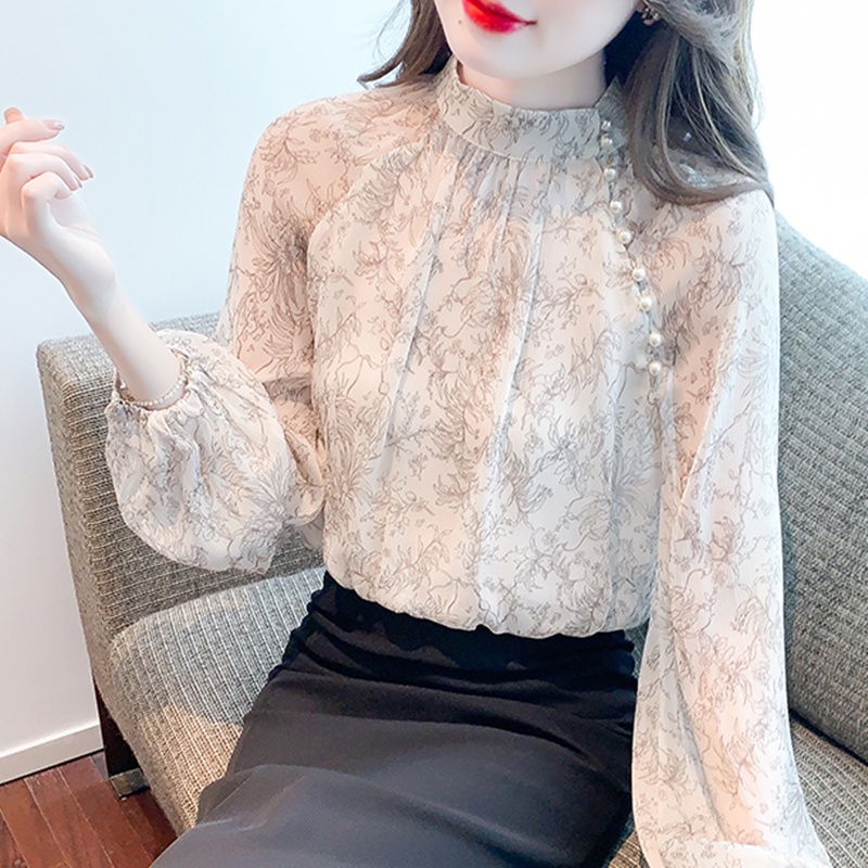 Áo Sơ Mi chiffon Tay Dài Cổ Cao Phong Cách Hàn Quốc Thời Trang Thu Đông Cho Nữ