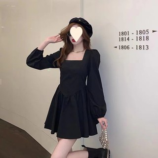 Váy Kiểu Pháp Cổ Vuông Có Eo Váy Đen Dài Tay Kiểu Hepburn