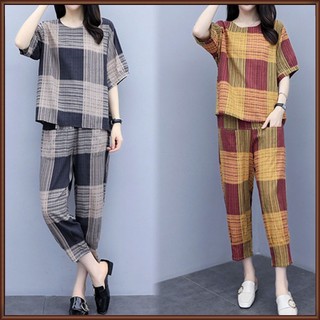 Set đồ mùa hè 2 món gồm áo thun tay cộc + quần dài thẳng kẻ sọc cho nữ