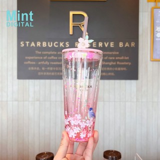Starbucks bình nước thủy tinh hai lớp dung tích lớn 591ml họa tiết hoa và chim