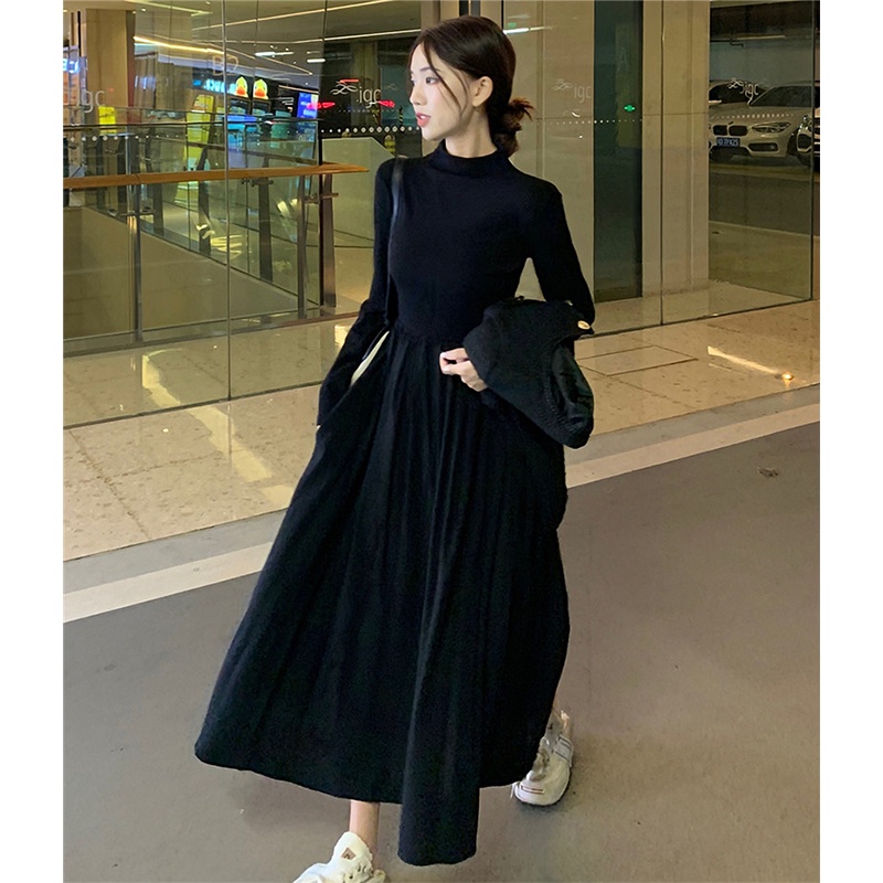Xiang NIAN NI váy nhỏ màu đen mới dành cho nữ, nửa cổ cao, váy dài tay thon gọn, váy phong cách Pháp