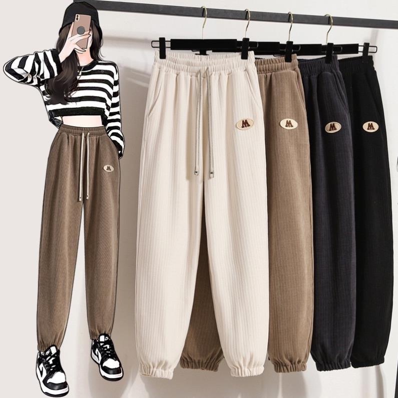 quần baggy bo gấu vải nhung tăm cạp thun lưng cao có dây rút