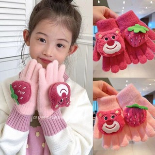 Găng Tay Giữ Ấm Mùa Đông Họa Tiết Gấu Dâu Tây Cho Bé Gái 3-8 Tuổi