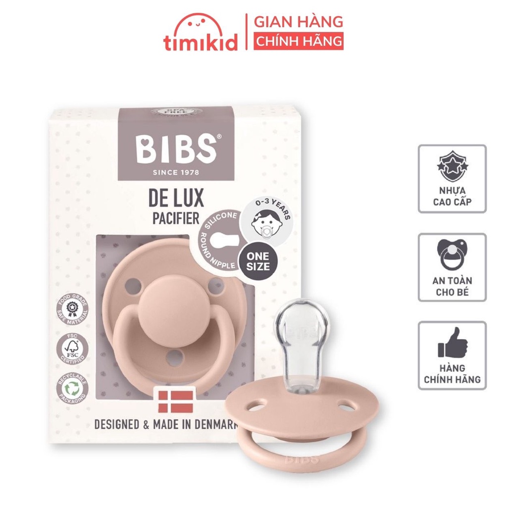 Ti Giả BIBS Delux Đan Mạch Chính Hãng Kèm Hộp Đựng, Núm Tròn Chất Silicone Siêu Mềm An Toàn Cho Bé Từ 0-3y