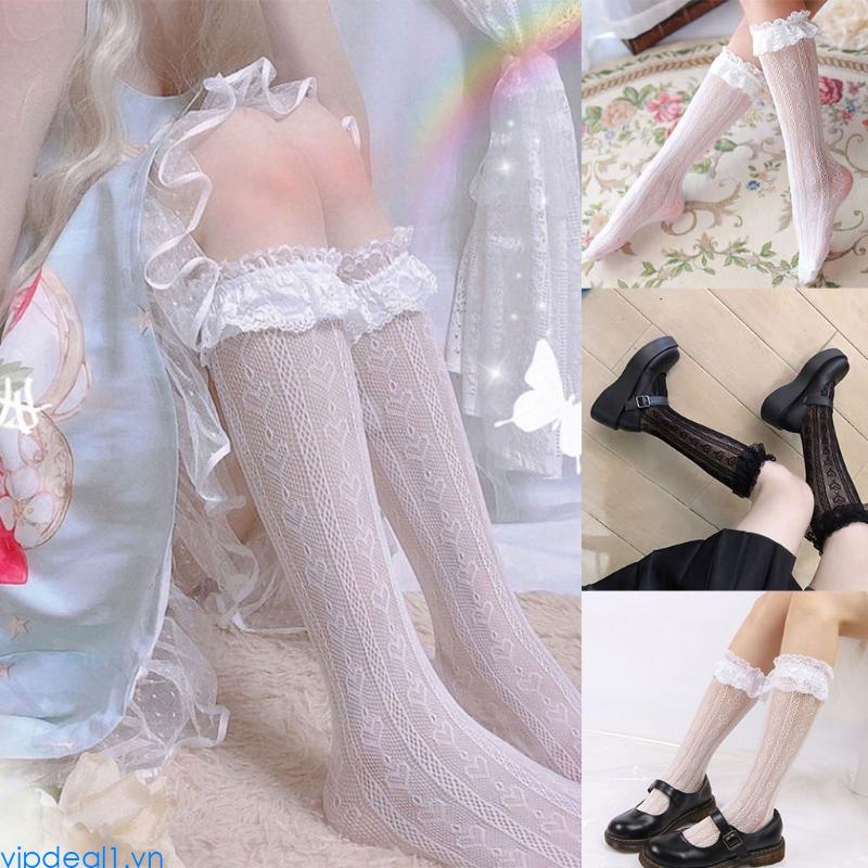 Sweet Lolita Calf Socks Girl's Love Hearted Shape Stockings with Lace Edge