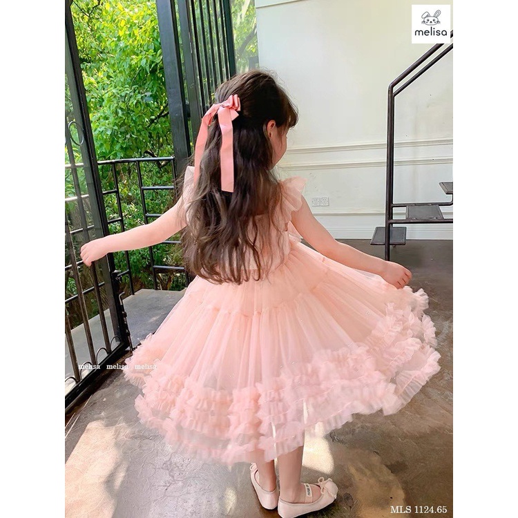 Váy voan 2 dây nơ ngực tùng xòe