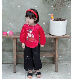 Set bà ba gấm đỏ quần lụa kèm mấn cho bé gái 8-18kg