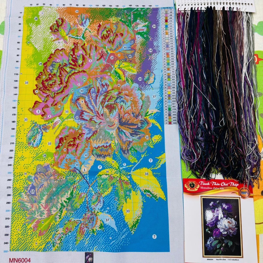 Tranh Thêu Hoa Mẫu Đơn Thêu Kín MN6004 Chưa Thêu