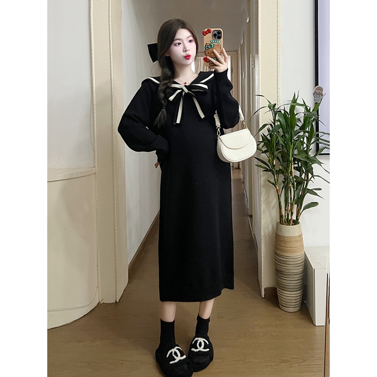 Đầm Dệt Kim Dáng Dài Cổ Thủy Thủ Thời Trang Thu Đông Xinh Xắn Cho Mẹ Bầu