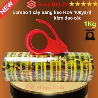 Combo 1 cây băng keo hàng dễ vỡ 100yard kèm dao cắt băng keo, nặng 1kg, lõi giấy 5mm, rộng 4,7cm, 1 cây 6 cuộn - stbk