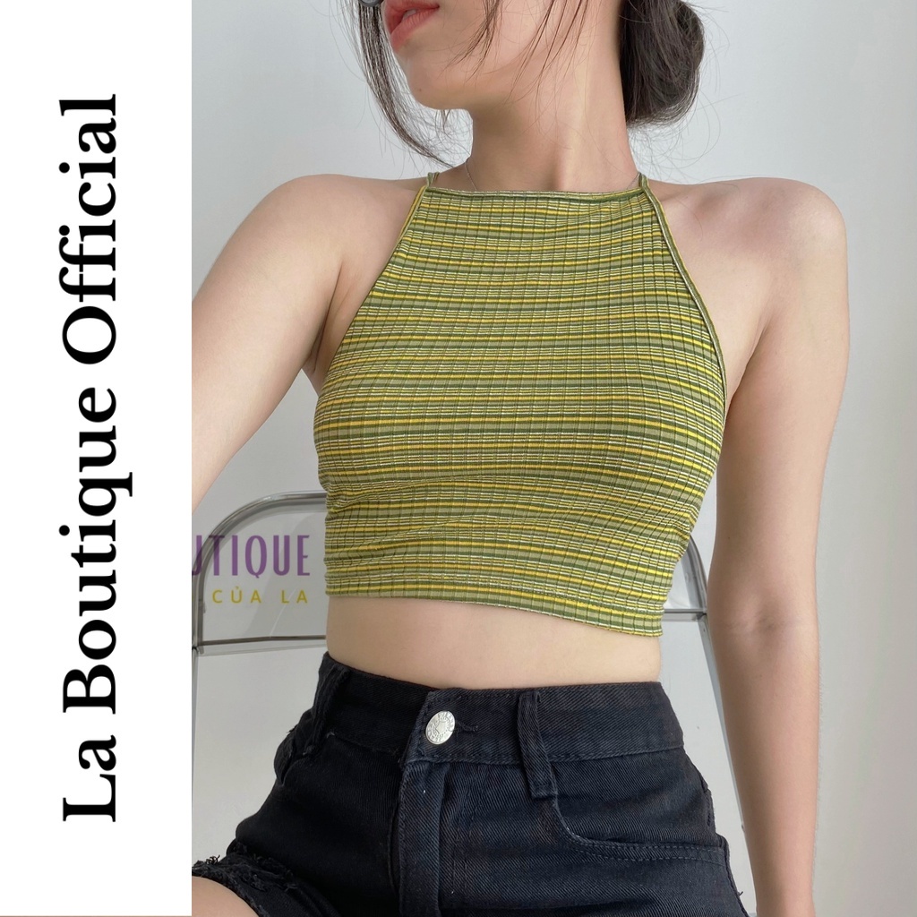 Áo croptop cổ yếm đan dây hở lưng thun gân La Boutique