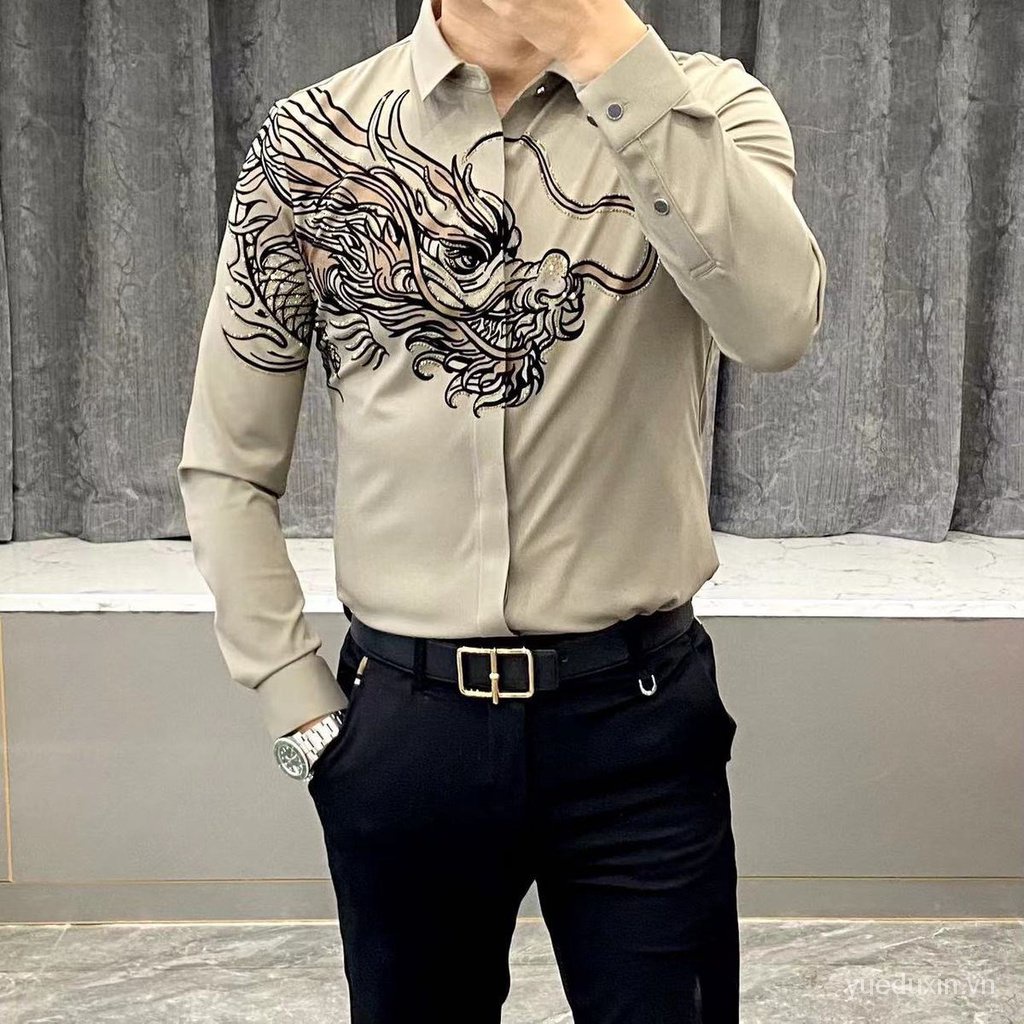 Áo Sơ Mi Tay Dài Dáng Ôm Họa Tiết Rồng Thời Trang Sang Trọng Cho Nam