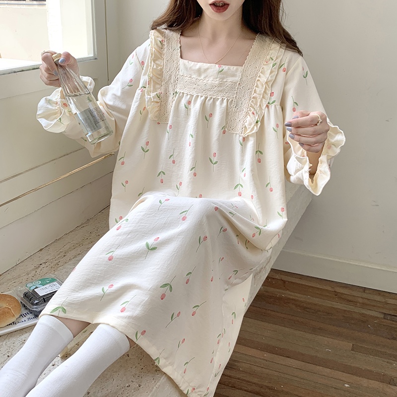 Đầm Ngủ Tay Dài Chất Cotton Phối Ren Thiết Kế Ngọt Ngào Thời Trang Mùa Thu Mới Cho Nữ