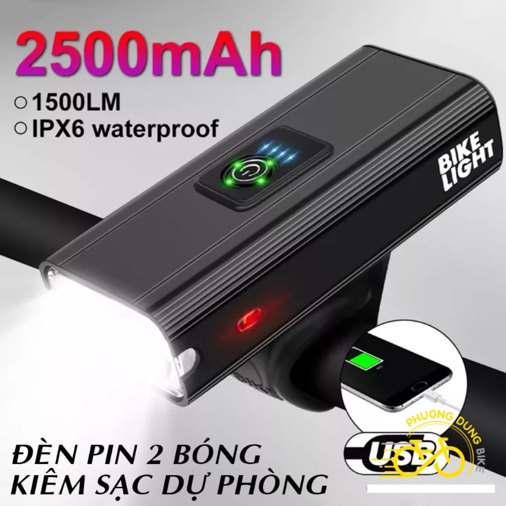 Đèn xe đạp - Đèn pha xe đạp 2 bóng T6 kiêm sạc dự phòng BIKE LIGHT 1500LM 2500mAh