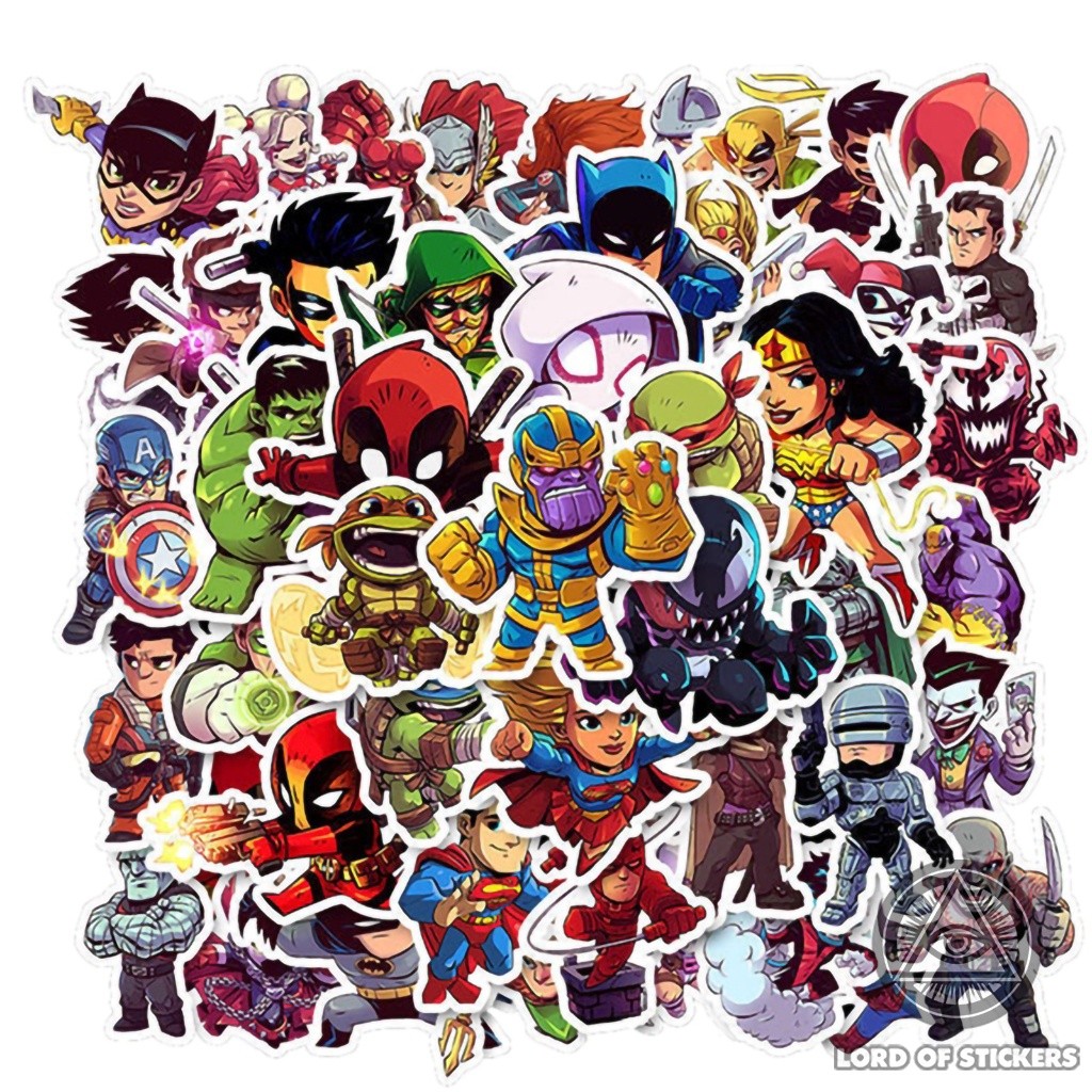 Set 50 Miếng Dán Siêu Anh Hùng Marvel DC Sticker Phim Hoạt Hình Chống Thấm Nước Trang Trí Mũ Bảo Hiể