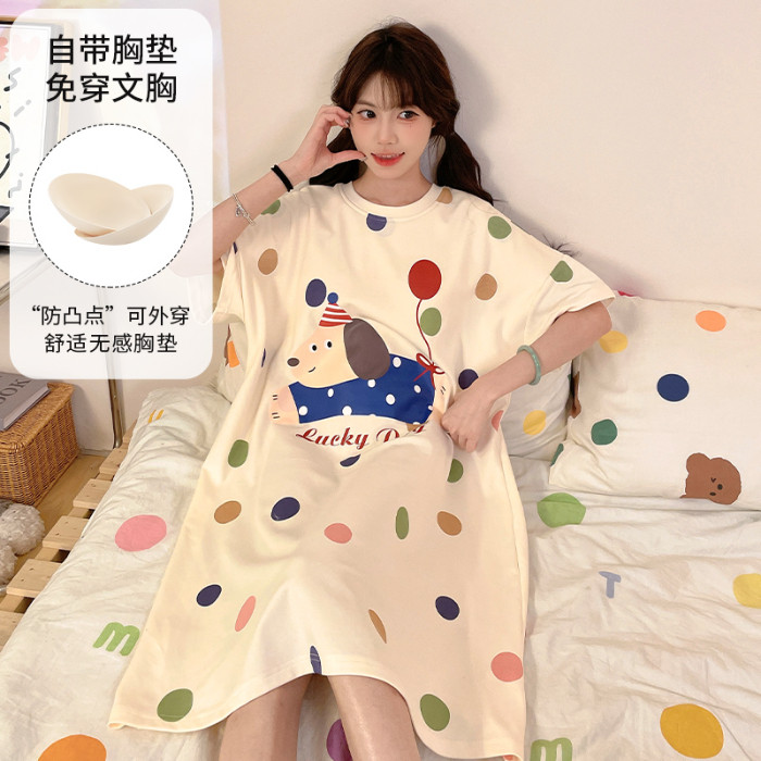 Bộ Đồ Ngủ Đầm Váy Ngủ Tay Ngắn 3XL Ngực Miếng Lót Bộ Đồ Ngủ Cổ Tròn Sọc Dễ Thương Bộ Đồ Ngủ Hoạt Hìn