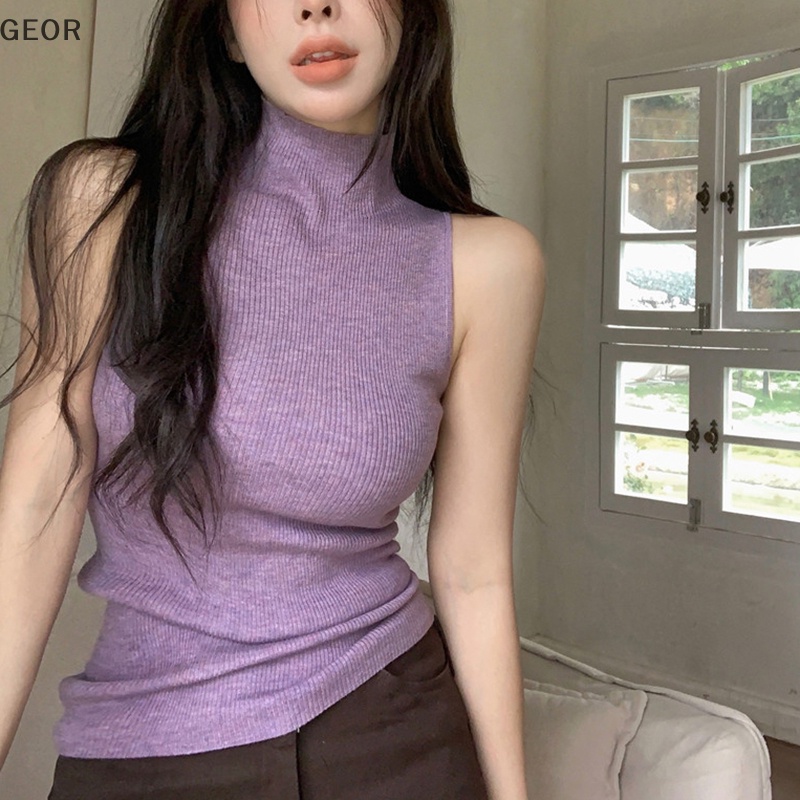 Áo Dệt Kim Sát Nách Cổ Lọ Màu Trơn Thời Trang Mùa Hè Cho Nữ vn