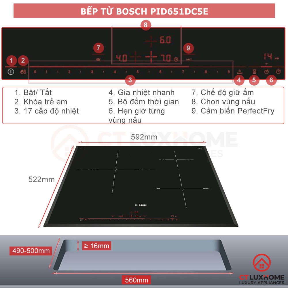 Bếp từ 3 vùng nấu Bosch PID651DC5E 7400W - Tây Ban Nha -  DEMEN